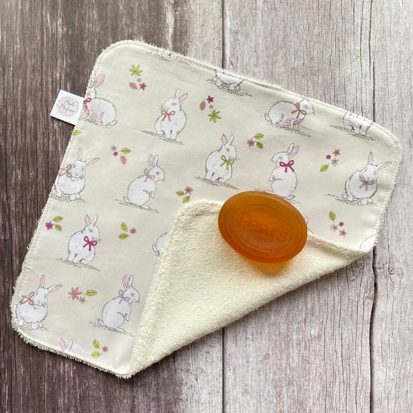 Organic Bamboo Cotton Wash Face Cloth Flannel Ecru Bow Bunny Rabbit