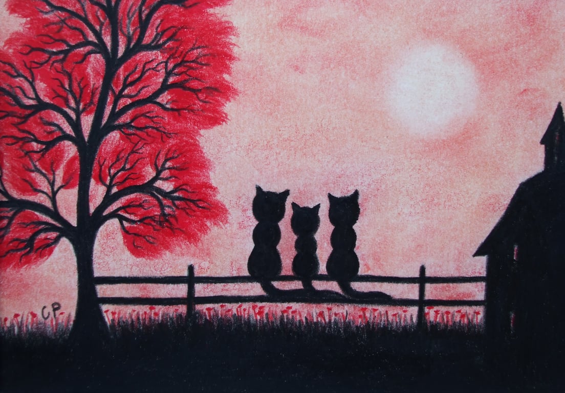 Cat Card, Red Tree Card, Black Cats Card, Kitten Kids Card, Father Cat Card, Art