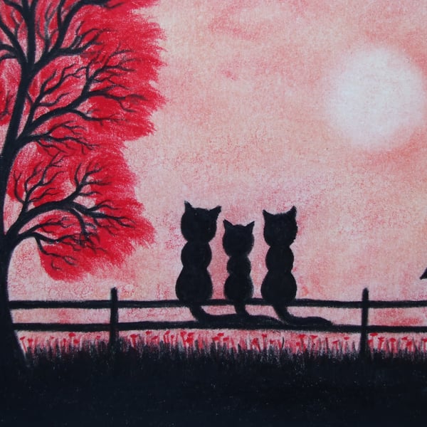 Cat Card, Red Tree Card, Black Cats Card, Kitten Kids Card, Father Cat Card, Art