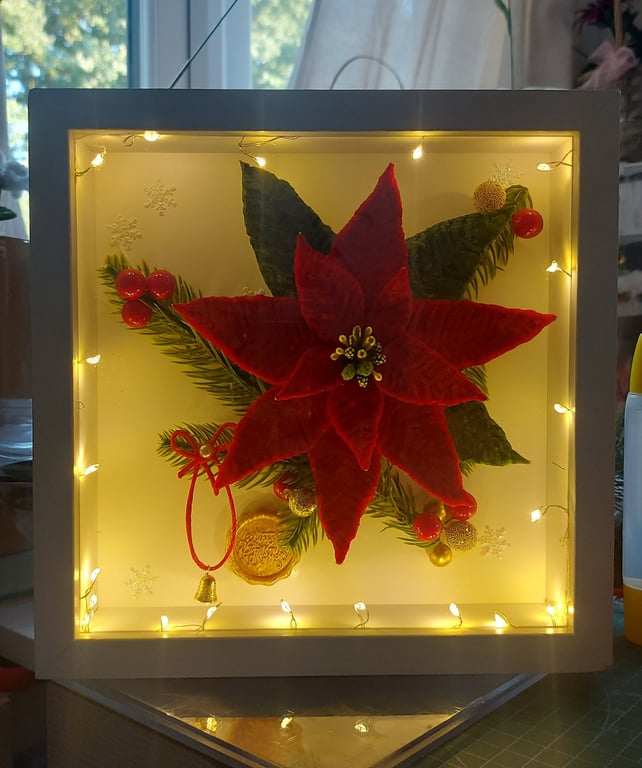 Handmade Poinsettia Christmas Shadow Box - Light-Up Festive Wall Decor 