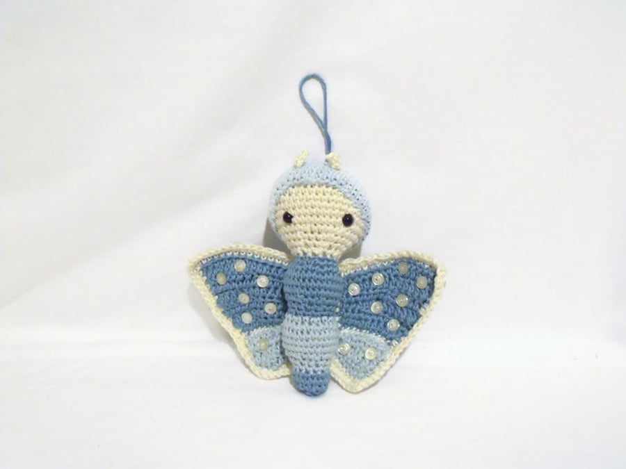 Decorative Lalylala hanging butterfly ornament, amigurumi blue butterfly
