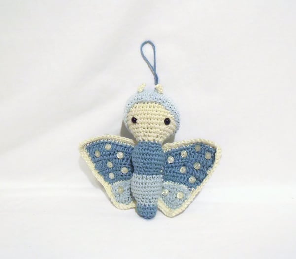 Decorative Lalylala hanging butterfly ornament, amigurumi blue butterfly