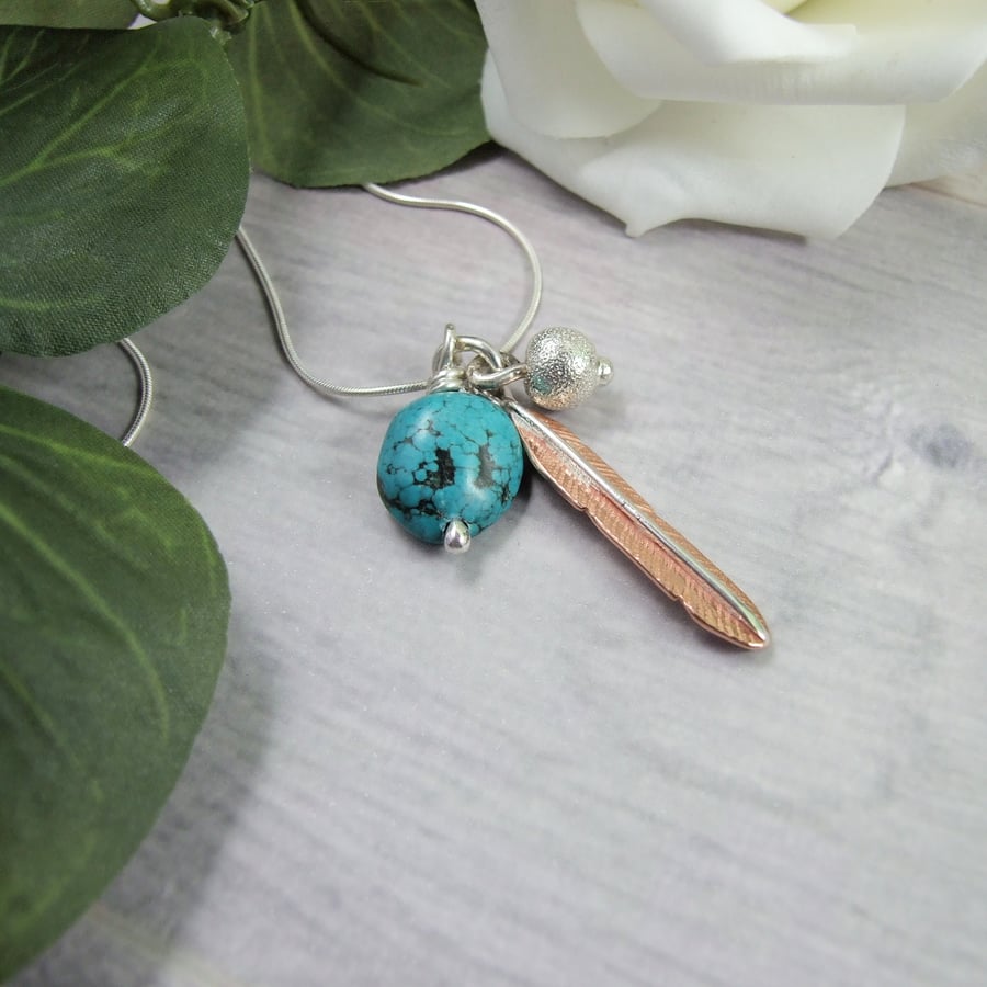 Feather Pendant, Sterling Silver & Turquoise with Copper Feather Necklace