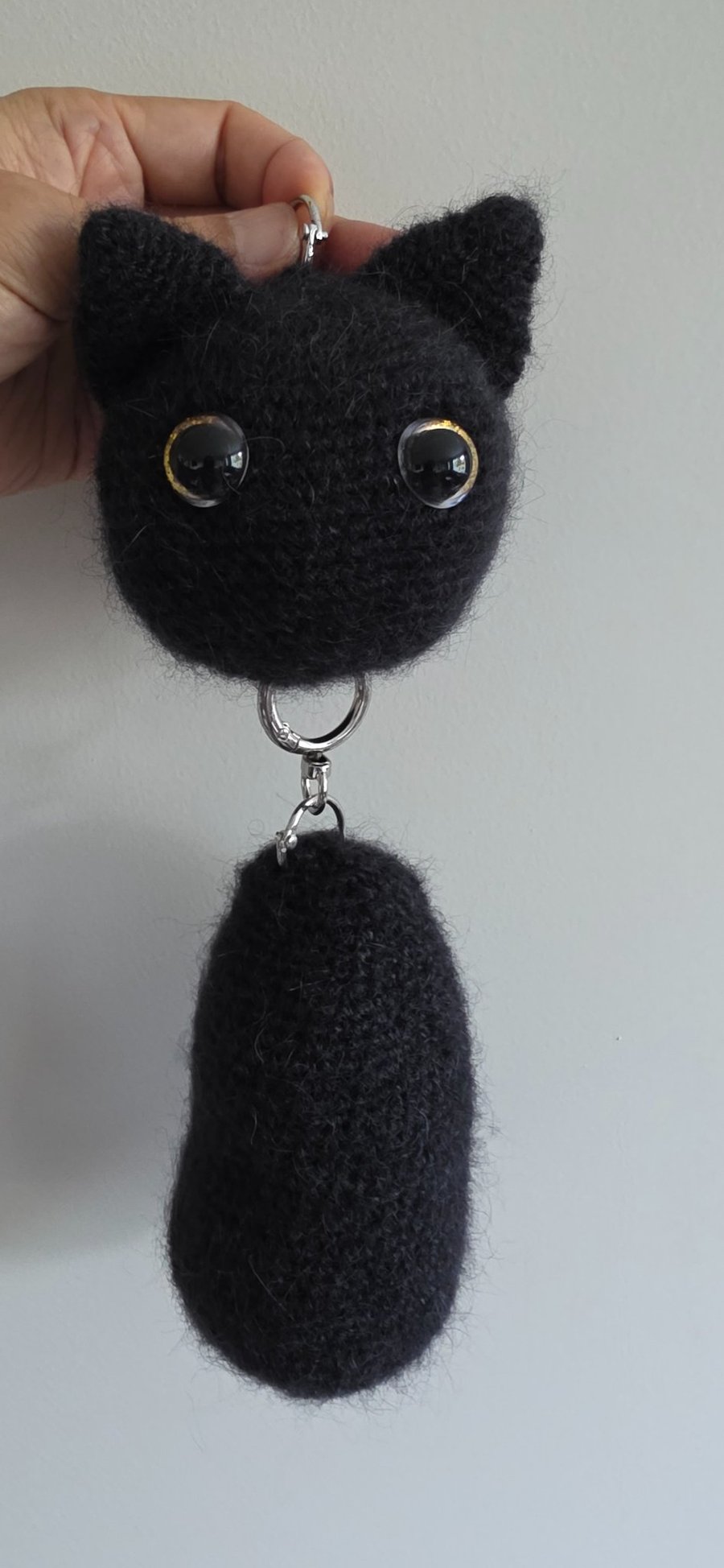 Handmade Crochet Black Cat Keychain with Hanging Body Bag charm