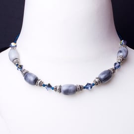 Blue marble necklace - natural grey marble with blue rainbow glass and beads