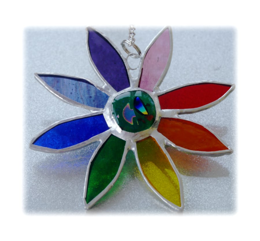 Rainbow Daisy Suncatcher Stained Glass Flower Dichroic 022