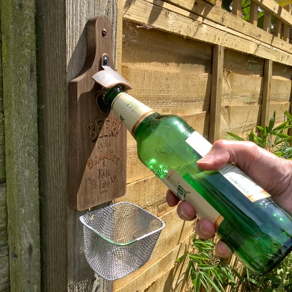 Wall mounted bottle opener with basket cap catcher (Daddies)
