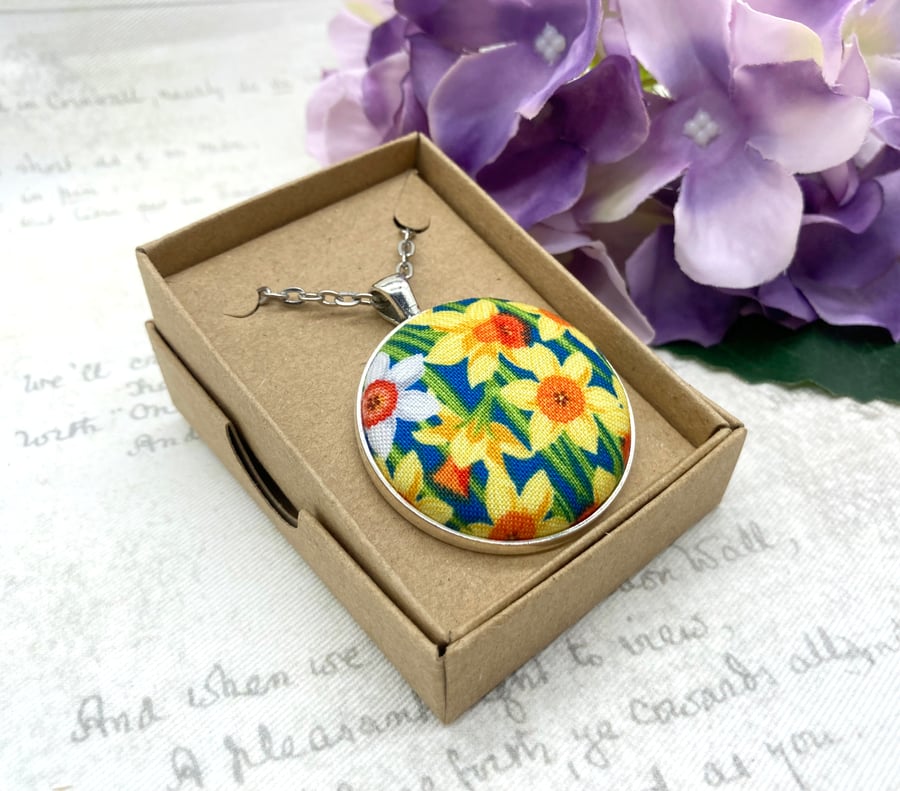 Field of Daffodils fabric button pendant antique silver finish springtime gifts