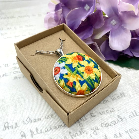 Field of Daffodils fabric button pendant antique silver finish springtime gifts