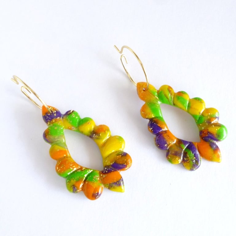 Tropical Hoop Polymer Clay Earrings with Gold Leaf, Stainless Steel Dangles