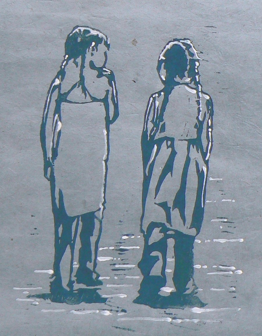 Walking and Talking linocut