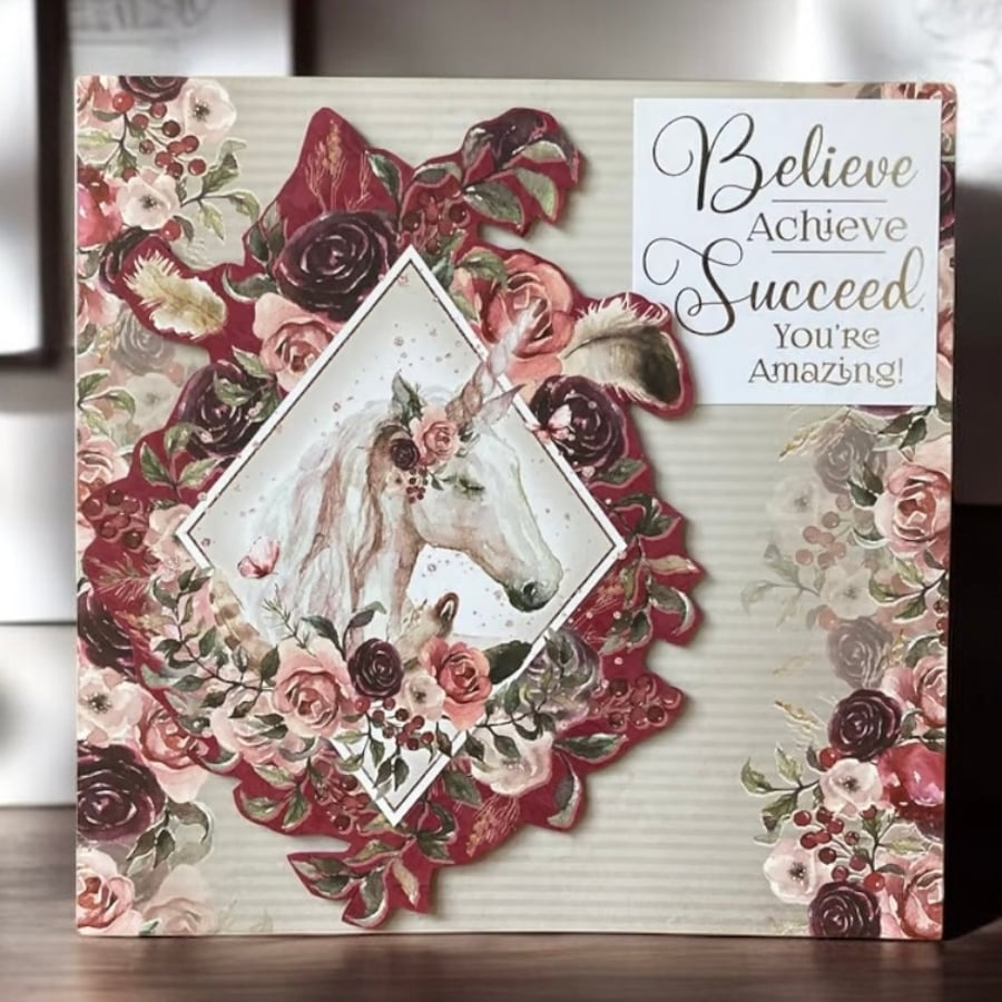 Blank unicorn card with uplifting message. 