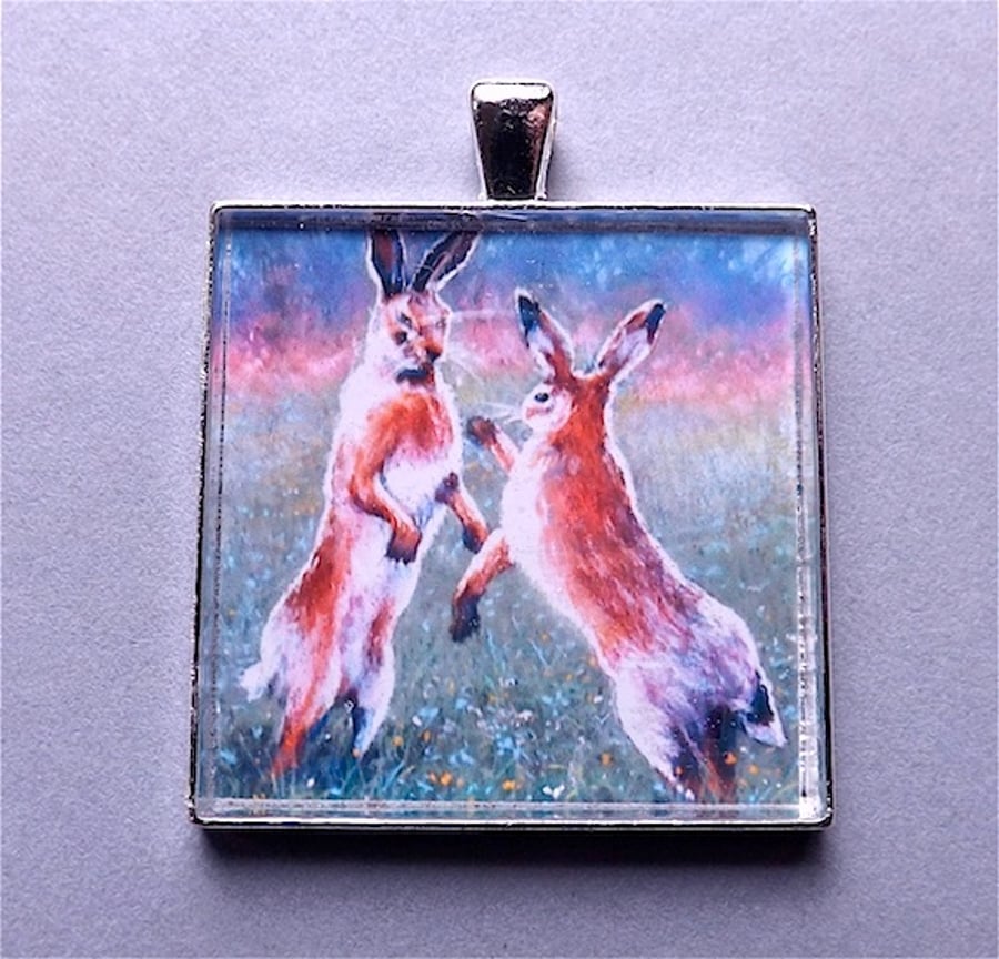 Brown Hare pendant " Boxing Hares v " from original art work.