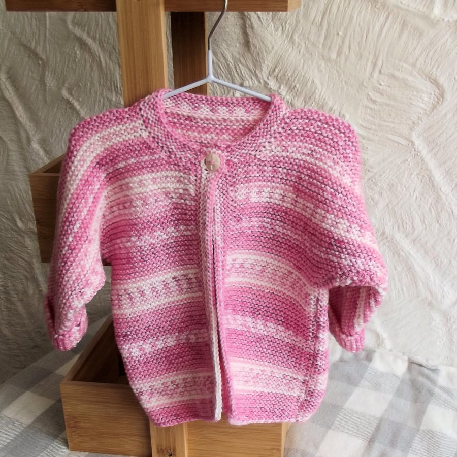 Babies Handknitted Jacket Cardigan, Pink and White, 0 to 3 monthes
