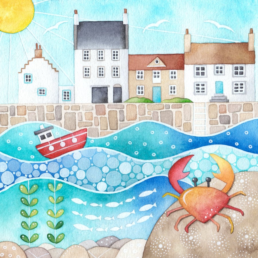 Crail Harbour Crab Framed Print. Seaside Watercolour Painting. East Neuk of Fife