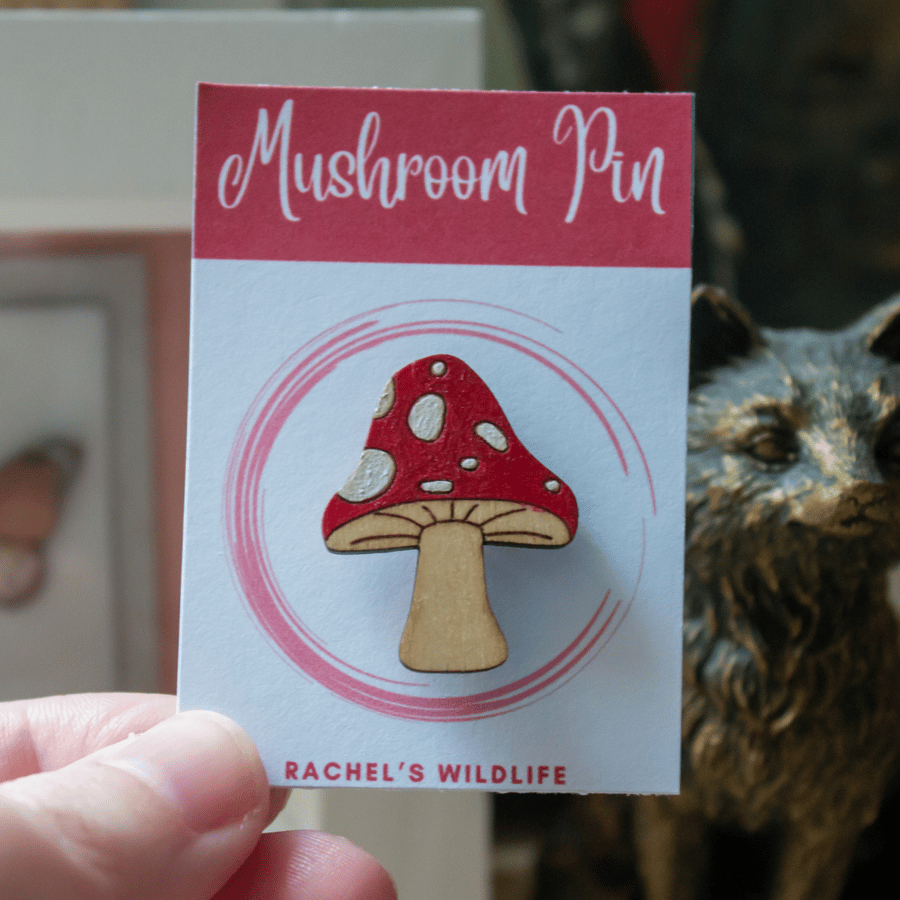 Toadstool Wooden Pin Badge – Hand-Painted Brooch for Nature Lovers