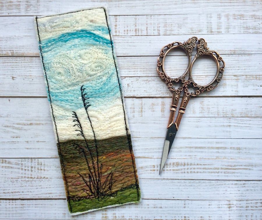 Embroidered needle felted summer hedgerow silhouette bookmark. 
