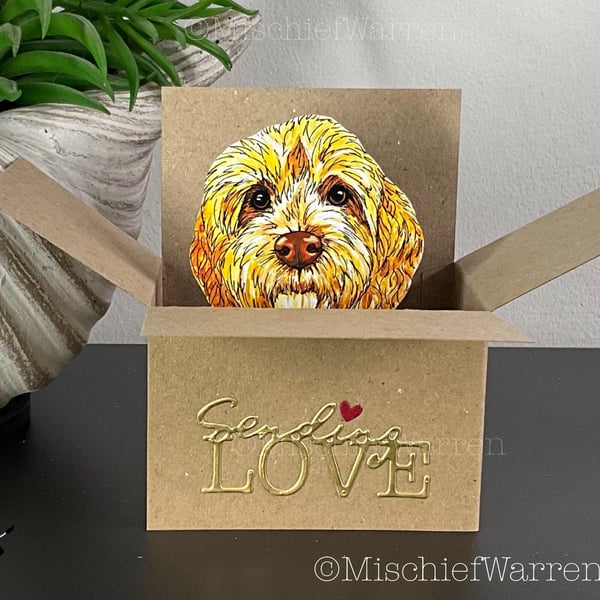 Gold Cockapoo or Labradoodle Box Card. Sending Love. 3D Gift card holder. 