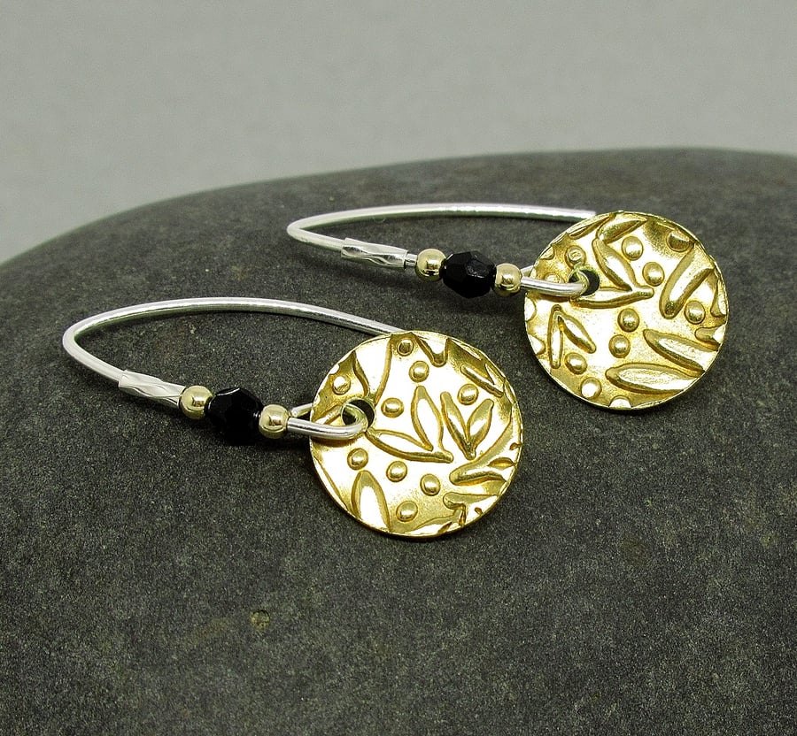 Embossed Brass Disc Sterling Silver Earrings