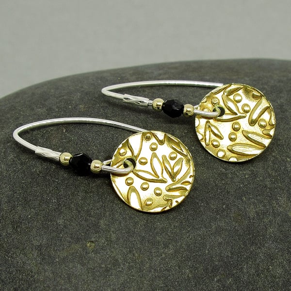 Embossed Brass Disc Sterling Silver Earrings