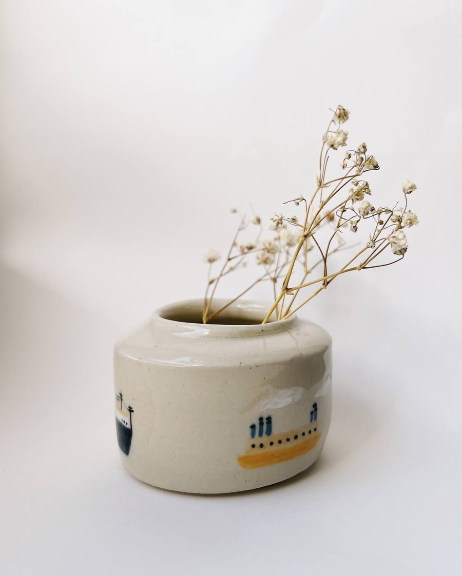 Handpainted Ships Mini White Vase for Dried Flowers