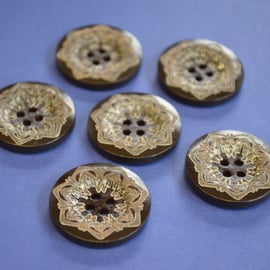 25mm Dark Brown and White Mandala Wooden Floral Buttons 6pk Wood Flower (DB3)