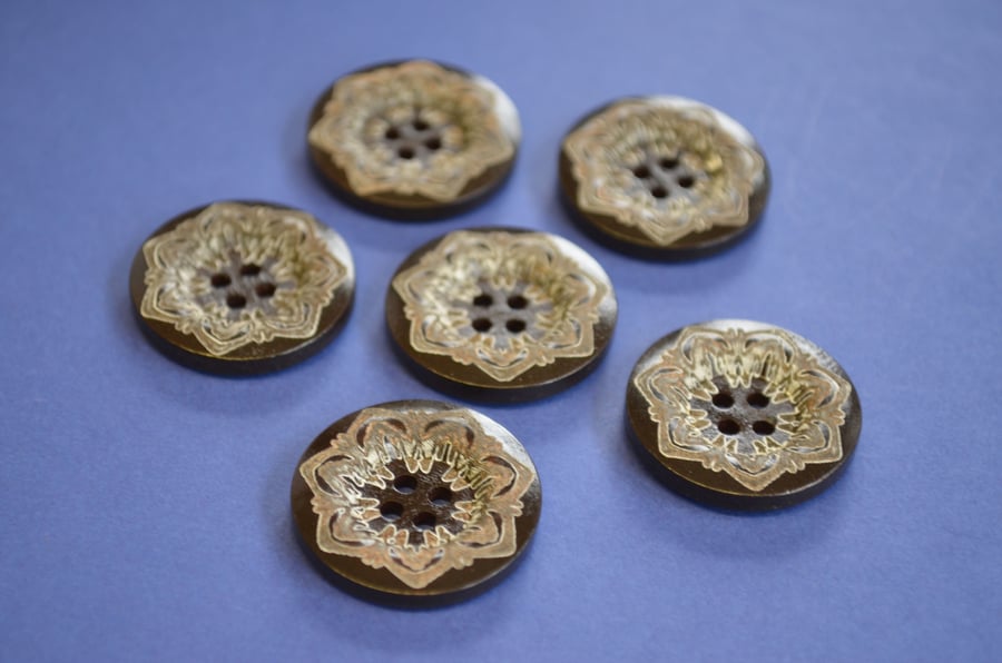 25mm Dark Brown and White Mandala Wooden Floral Buttons 6pk Wood Flower (DB3)