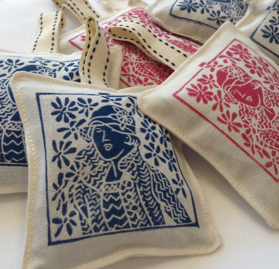 Hand Printed Lavender Sachet in Blue 
