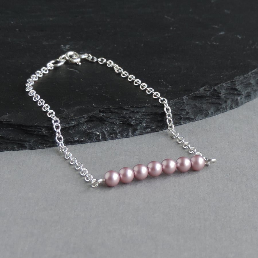 Dainty Dusky Pink Swarovski Pearl Bar Bracelet - Silver Layering Bracelets