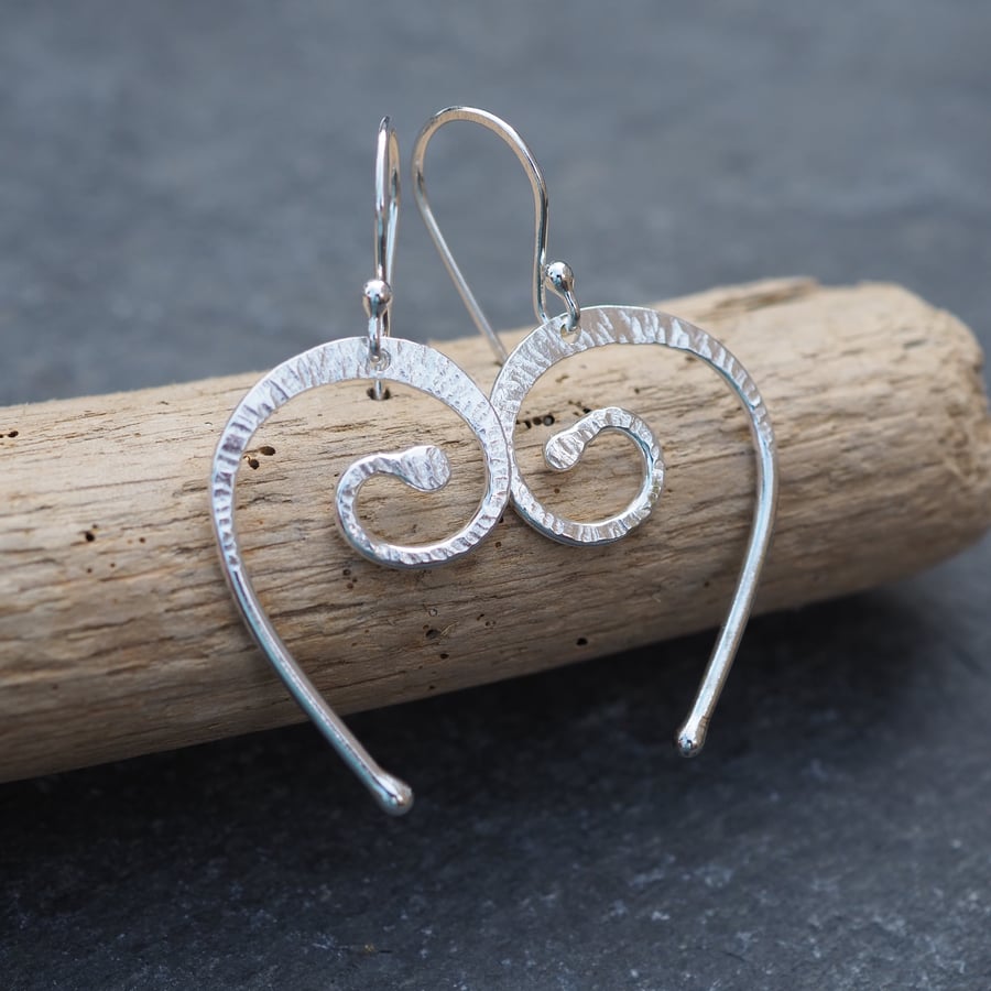 Hand Crafted Silver Dangle Earrings, Spiral Heart Earrings, Gift for Her
