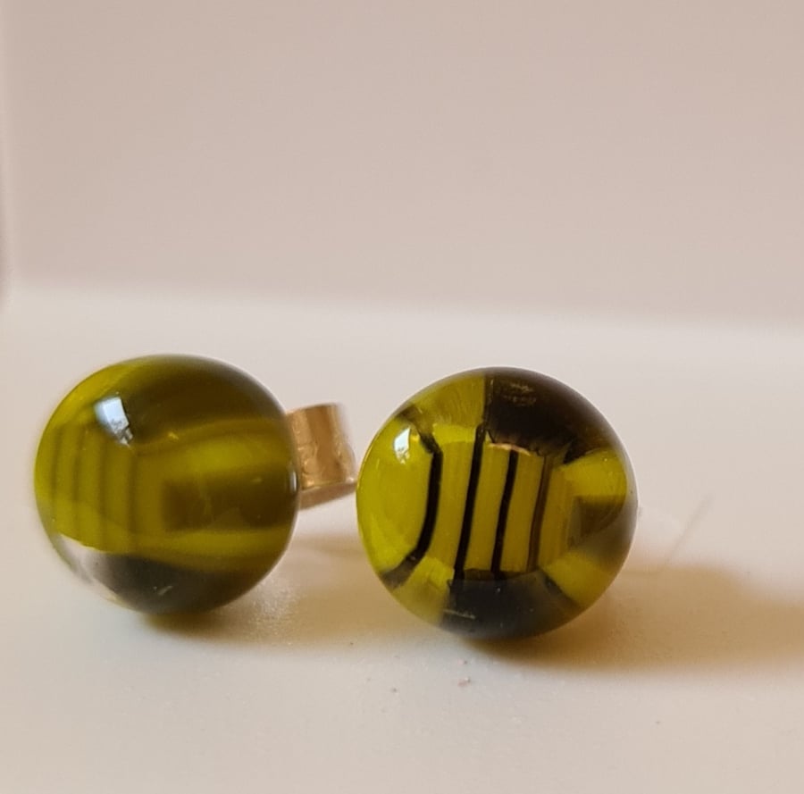 Fused glass yellow striped 'bee' stud earrings