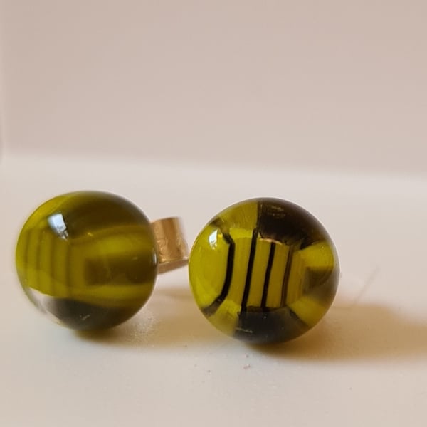 Fused glass yellow striped 'bee' stud earrings