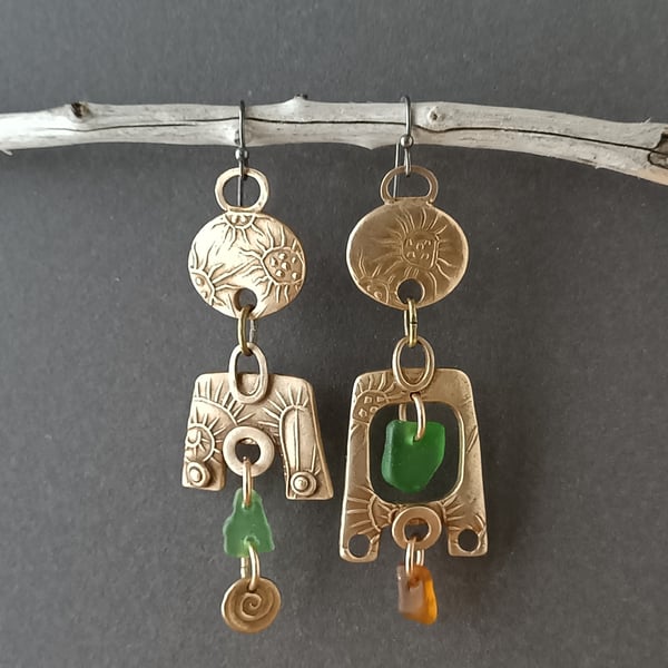 Mis-matched seaglass earrings, bronze metal clay, unique, recycled materials