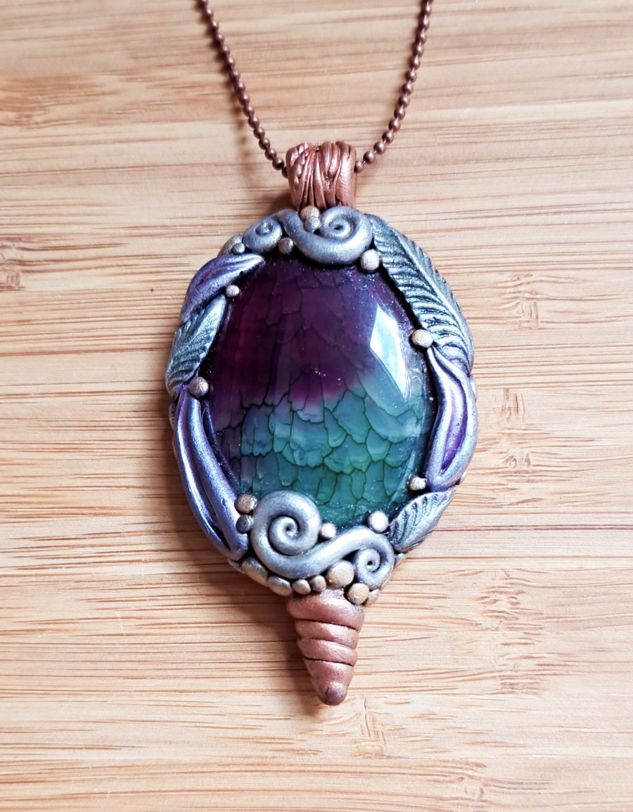 Dragon Veins Agate Crystal and Polymer Clay Amulet Pendant