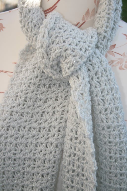 Pretty Light Grey Sparkle Scarf - Springtime Crocheted Scarf