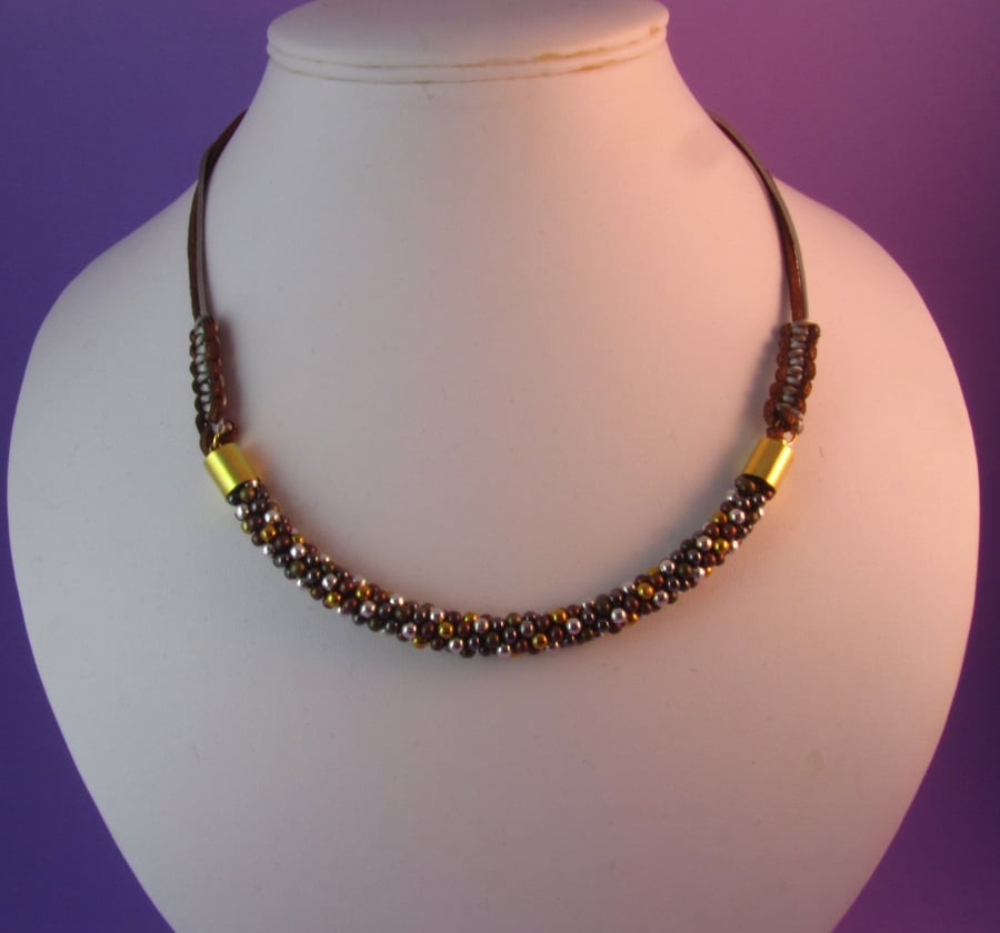 Brown Kumihimo Beaded Necklace, Metallic Necklace, Kumihimo Necklace