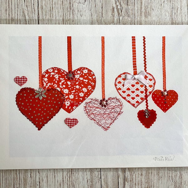 Red Hearts A4 embellished giclee print