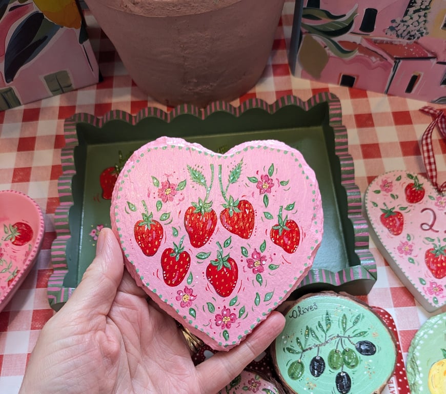 Strawberry hand-painted slate heart coaster 