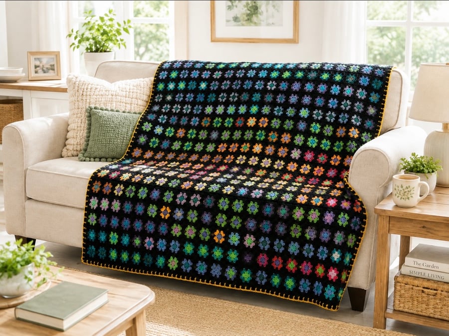 Handmade Granny Square Crochet Blanket – Colourful Throw