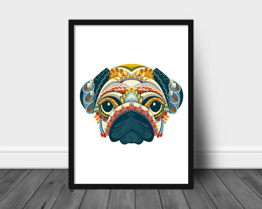 Pug dog print, Mandala pug wall art, pug decor, gift for pug lovers