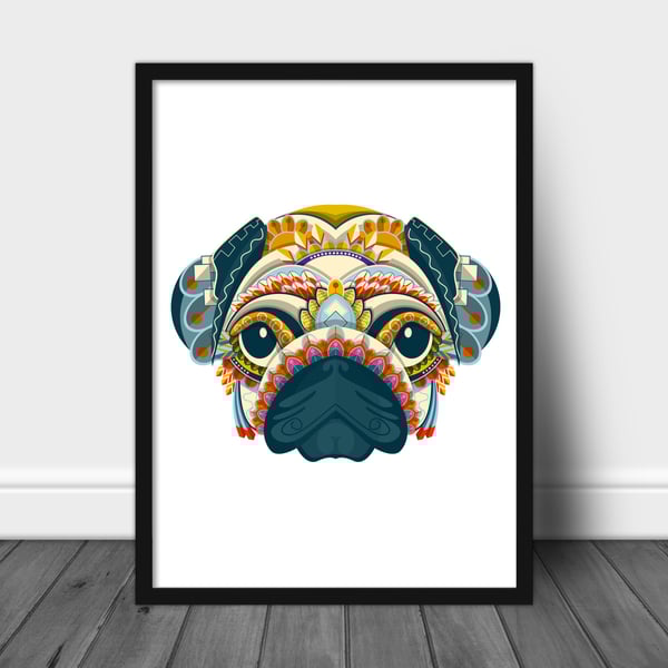 Pug dog print, Mandala pug wall art, pug decor, gift for pug lovers
