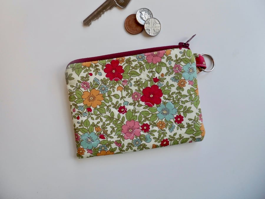 SOLD Coin purse in red pink green modern floral fabric