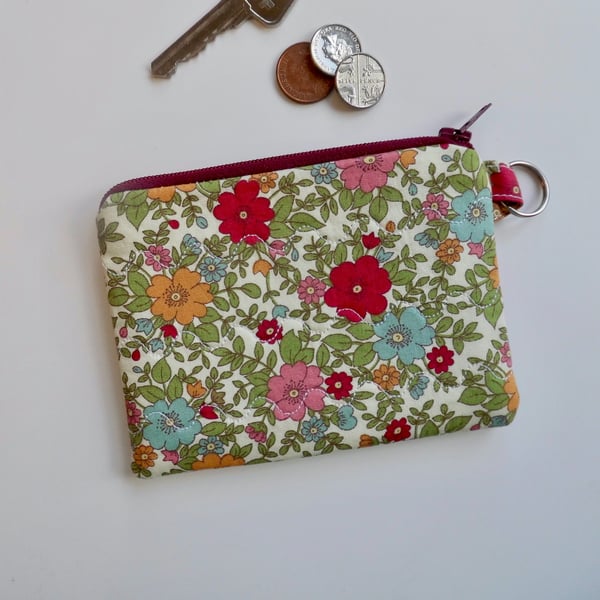 SOLD Coin purse in red pink green modern floral fabric