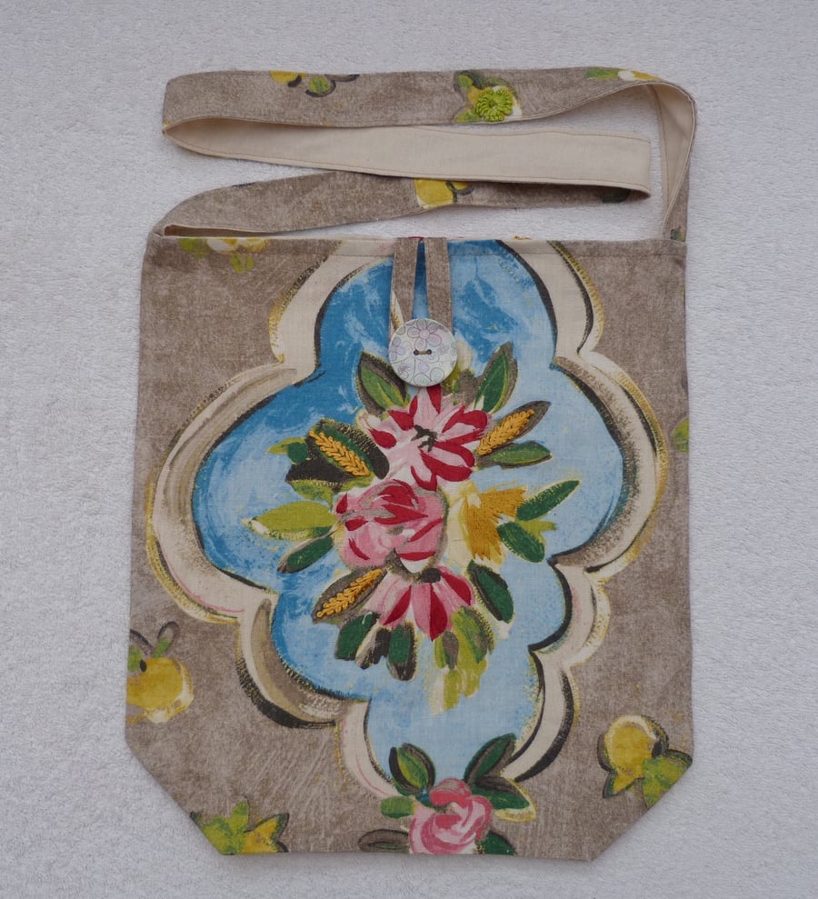 Embroidered Linen Shoulder Bag with Wooden Button. Fully Lined with Pocket.