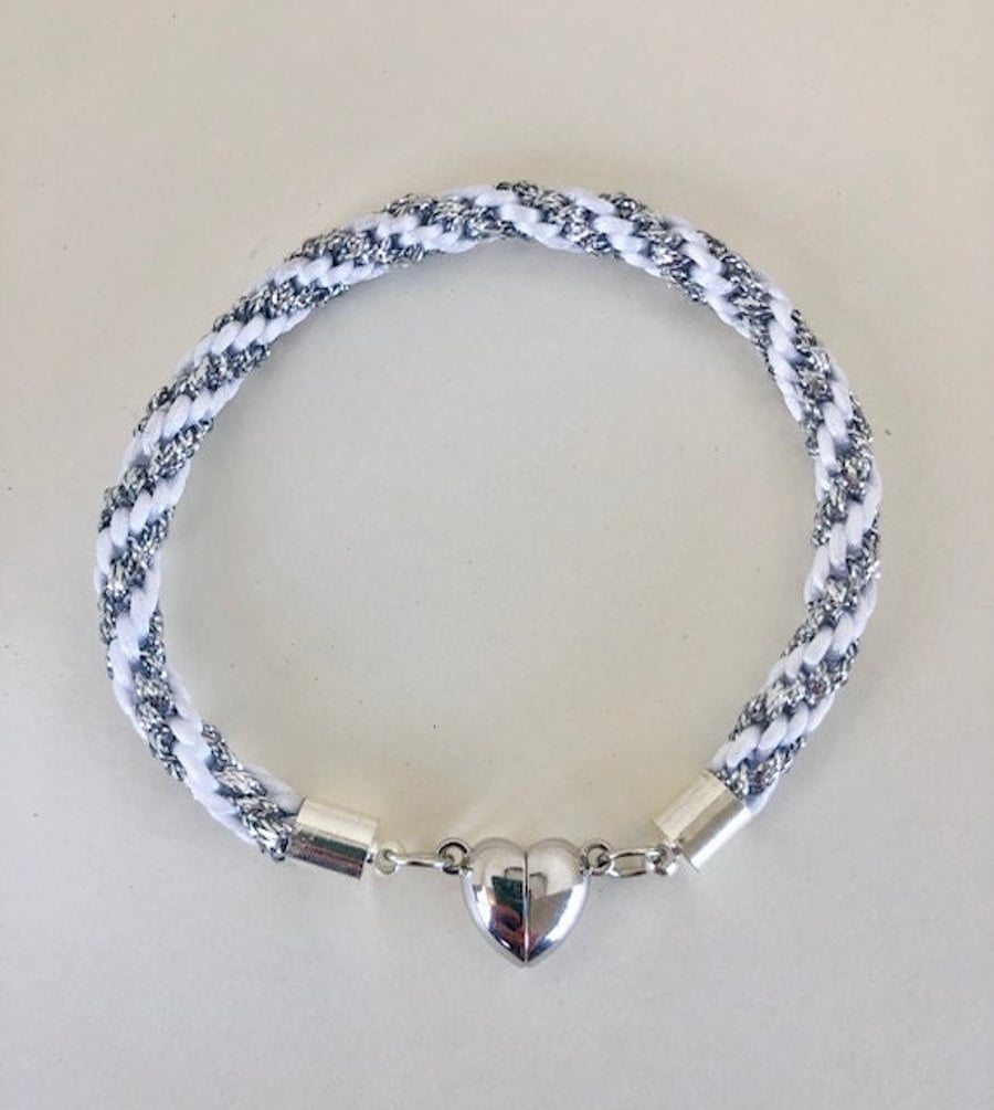 Kumihimo Friendship bracelet in white & silver - approx. 7 inches
