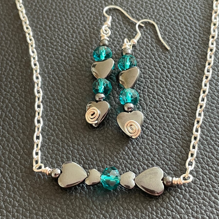 Beautiful Hematite and Teal Crystal Heart Pendant and Earrings