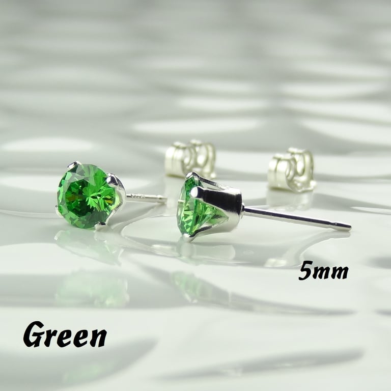 Cubic Zirconia stud earrings, sterling silver or 14k gold filled, green, 5mm