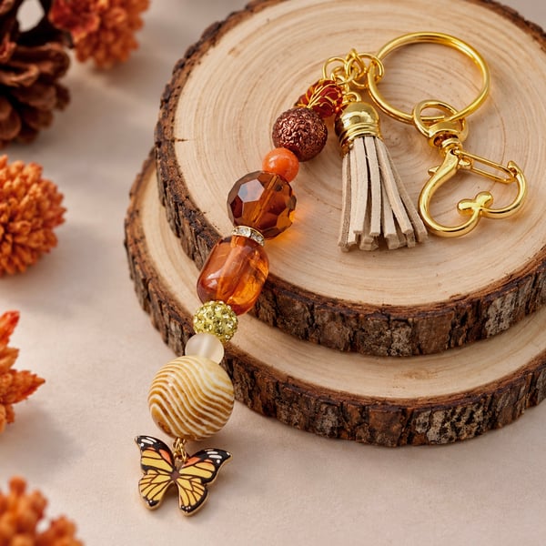 Handmade Autumn Bag Charm- Key Ring,Butterfly, Mixed Beads & Faux Suede Tassel