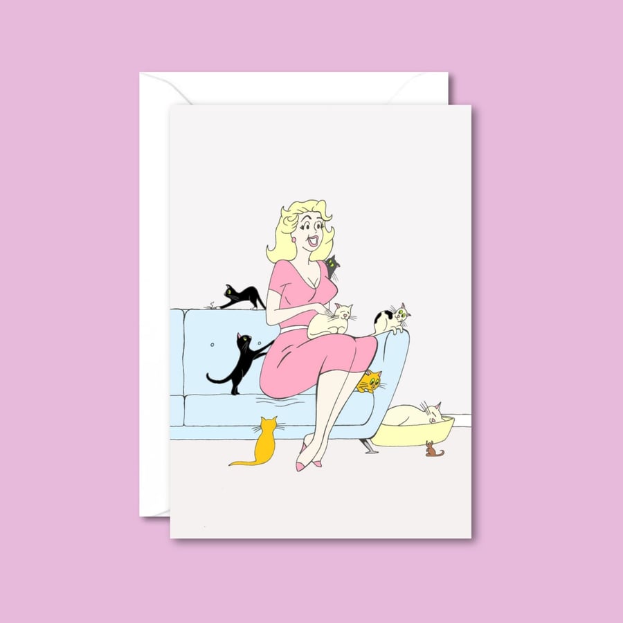 Crazy Cat Lady Greetings Card - Comic Artwork - Any Occasion Card