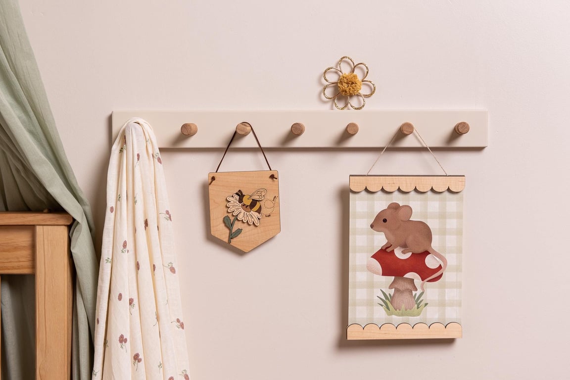 Kids bedroom peg rail coat rack, Light Clay, Wooden peg rail.